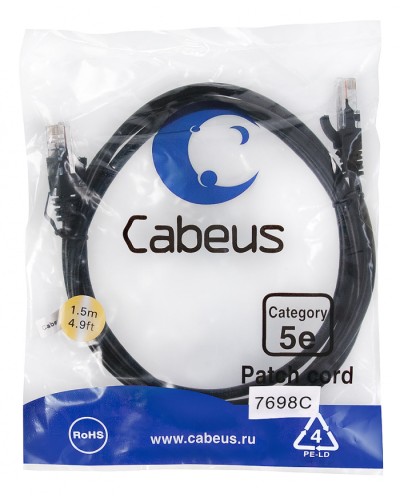 Патч-корд медный U/UTP кат.5е (1,5м) LSZH (черный) Cabeus (PC-UTP-RJ45-Cat.5e-1.5m-BK-LSZH) в Рыбинске Патчкорды (медные) Pintop.ru