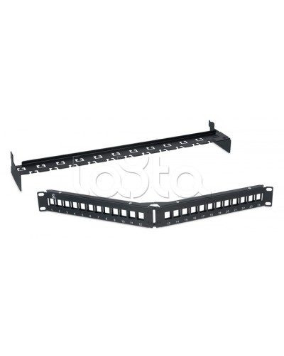 Патч-панель угловая модульная 19, 1U, 24 порта RJ-45, для неэкранированных модулей, с задним кабельным организатором (без модулей) Cabeus PLB-24-CON в Рыбинске Патч панель Pintop.ru