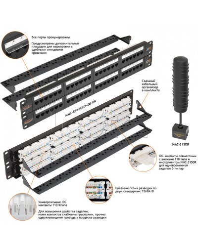 Патч-панель 19, 2U, 48xRJ45 NIKOMAX (NMC-RP48UE2-2U-BK) в Рыбинске Патч панель Pintop.ru
