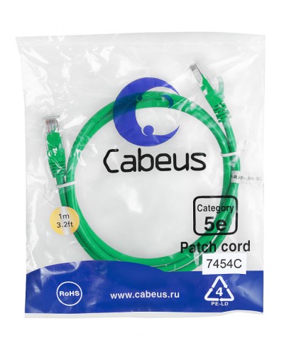 Патч-корд медный U/UTP кат.5е (1м) LSZH (зеленый) Cabeus (PC-UTP-RJ45-Cat.5e-1m-GN-LSZH) в Рыбинске Патчкорды (медные) Pintop.ru