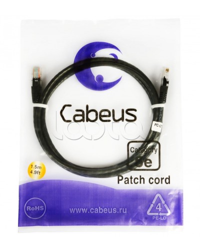 Патч-корд 2xRJ-45/8P8C U/UTP кат.5е (2 м) Cabeus PC-UTP-RJ45-CAT.5E-2M-BK в Рыбинске Патчкорды (медные) Pintop.ru
