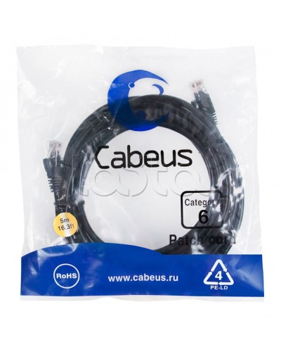 Патч-корд UTP, категория 6, 5 м, неэкранированный, черный Cabeus PC-UTP-RJ45-Cat.6-5m-BK в Рыбинске Патчкорды (медные) Pintop.ru