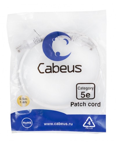 Патч-корд медный U/UTP кат.5е (0,5м) LSZH (белый) Cabeus (PC-UTP-RJ45-Cat.5e-0.5m-WH-LSZH) в Рыбинске Патчкорды (медные) Pintop.ru