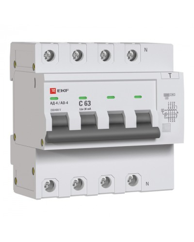 Дифференциальный автомат АД-4 63А/ 30мА (хар. C, AC, электронный) 6кА EKF PROxima (DA4-6-63-30-pro) в Рыбинске Электротехническое оборудование Pintop.ru