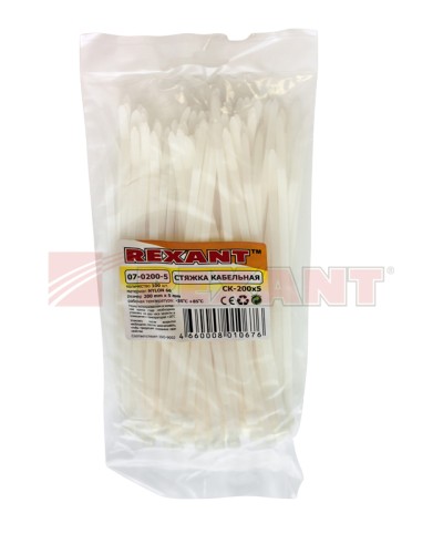 Хомут-стяжка нейлоновый 5х200 мм белый (100шт/уп) REXANT 07-0200-5 в Рыбинске Стяжки-хомуты Pintop.ru