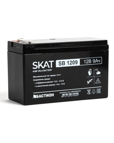 Бастион SKAT SB 1209 АКБ свинцово-кислотная тип AGM 12V 9Ач Iзар. 2,7 А, ножевые клеммы в Рыбинске Электротехническое оборудование Pintop.ru