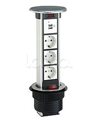 Блок розеточный встраеваемый в стол, 4 поста (45х45) IP54, с выключателем нагрузки (алюм+нерж.сталь) Экопласт 70334 в Рыбинске Блоки розеток Pintop.ru